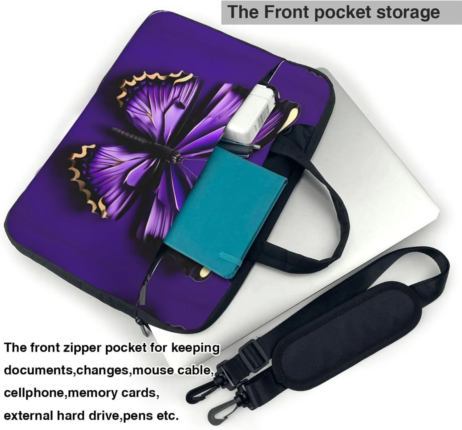 Dreamlike Purple Butterfly Print Notebook Computer Protective Carrying Cover With Pocket,13 Inch Laptop Shoulder Bag