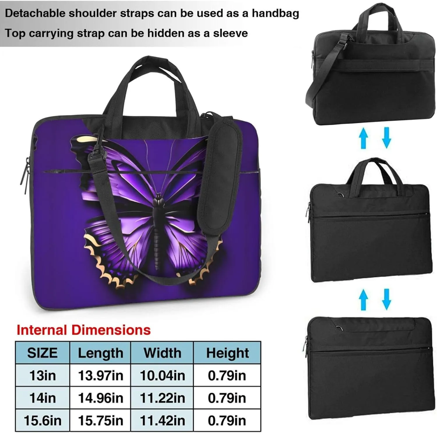 Dreamlike Purple Butterfly Print Notebook Computer Protective Carrying Cover With Pocket,13 Inch Laptop Shoulder Bag