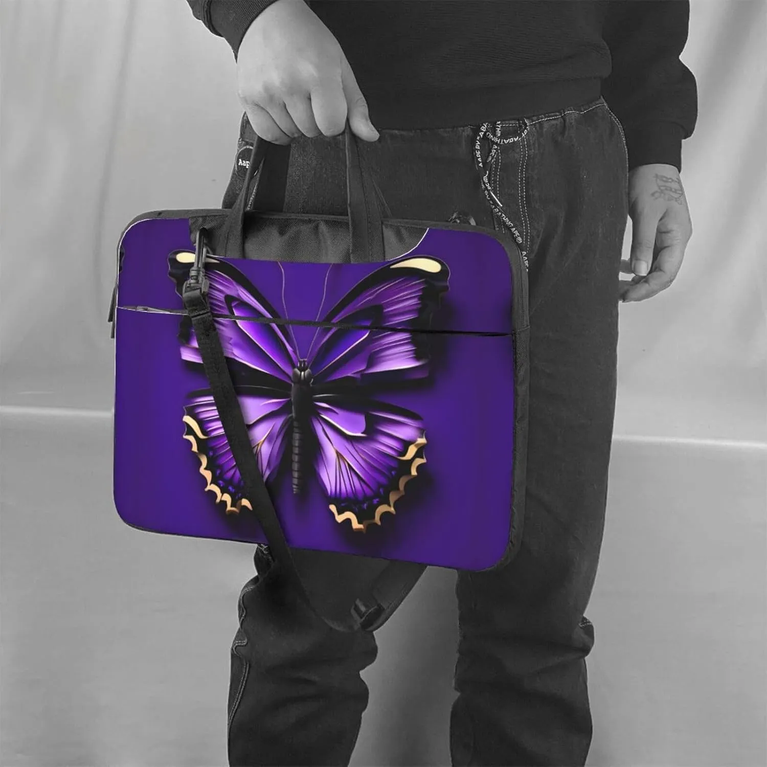Dreamlike Purple Butterfly Print Notebook Computer Protective Carrying Cover With Pocket,13 Inch Laptop Shoulder Bag