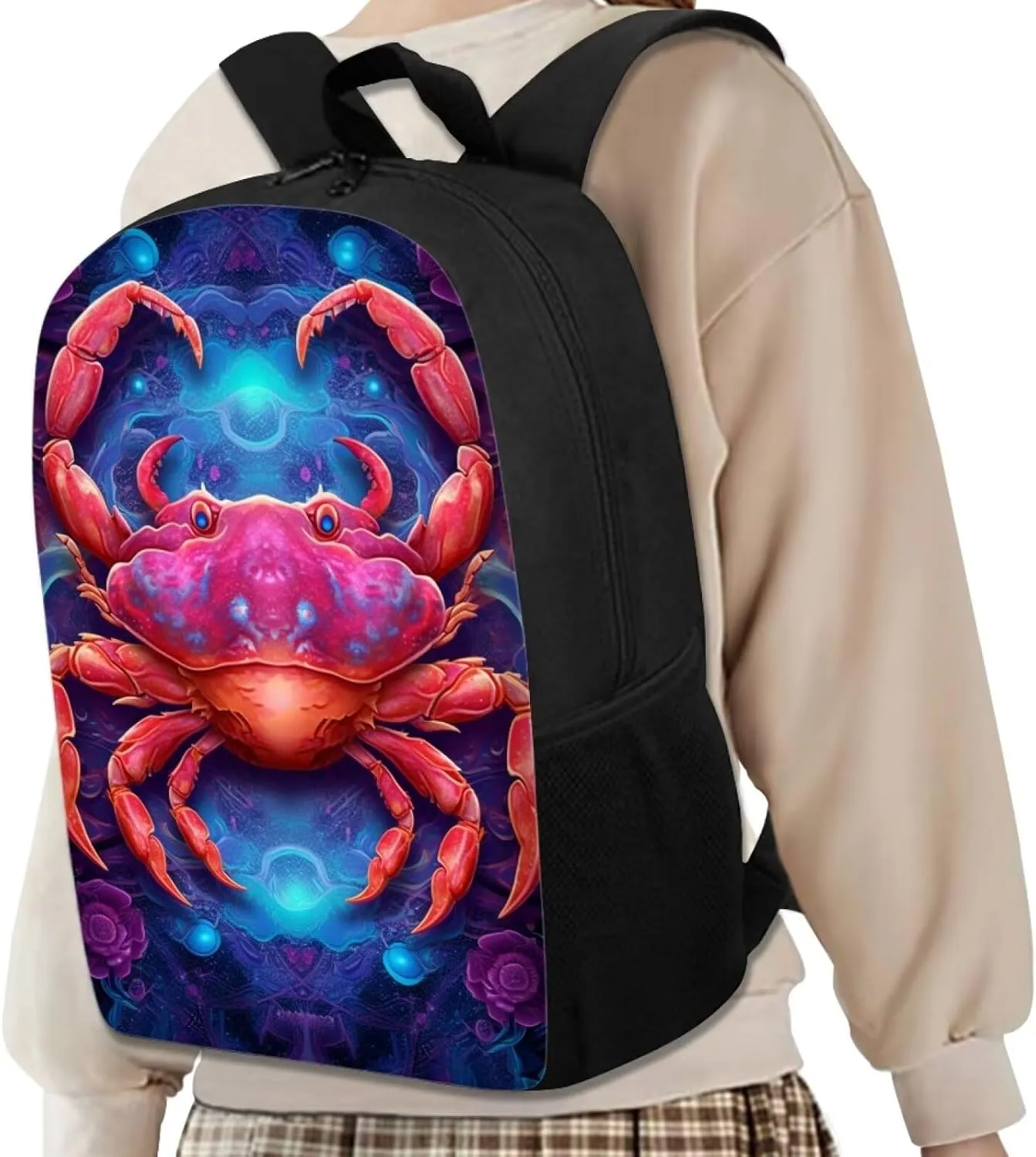 Dreamy Crab Backpack for Boys Girls Novelty Cute Graphic Animal Print School Backpack 17 Inch Student Lightweight Comfy Black Kids Bookbag with Side Mesh Pocket