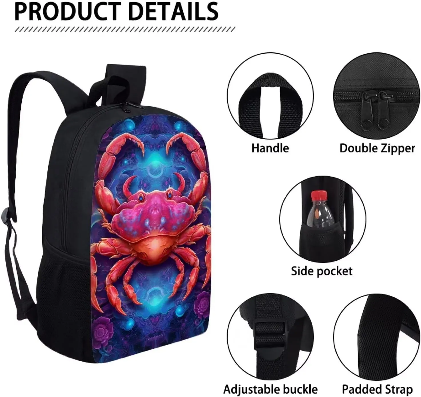 Dreamy Crab Backpack for Boys Girls Novelty Cute Graphic Animal Print School Backpack 17 Inch Student Lightweight Comfy Black Kids Bookbag with Side Mesh Pocket