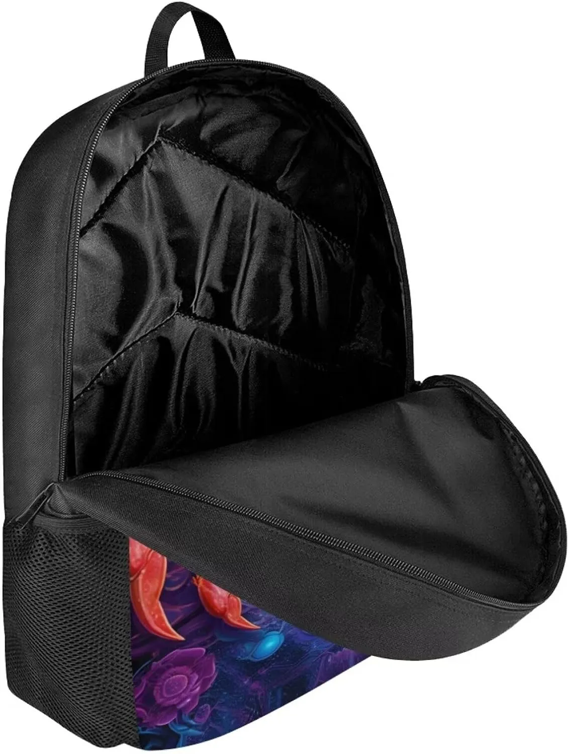 Dreamy Crab Backpack for Boys Girls Novelty Cute Graphic Animal Print School Backpack 17 Inch Student Lightweight Comfy Black Kids Bookbag with Side Mesh Pocket