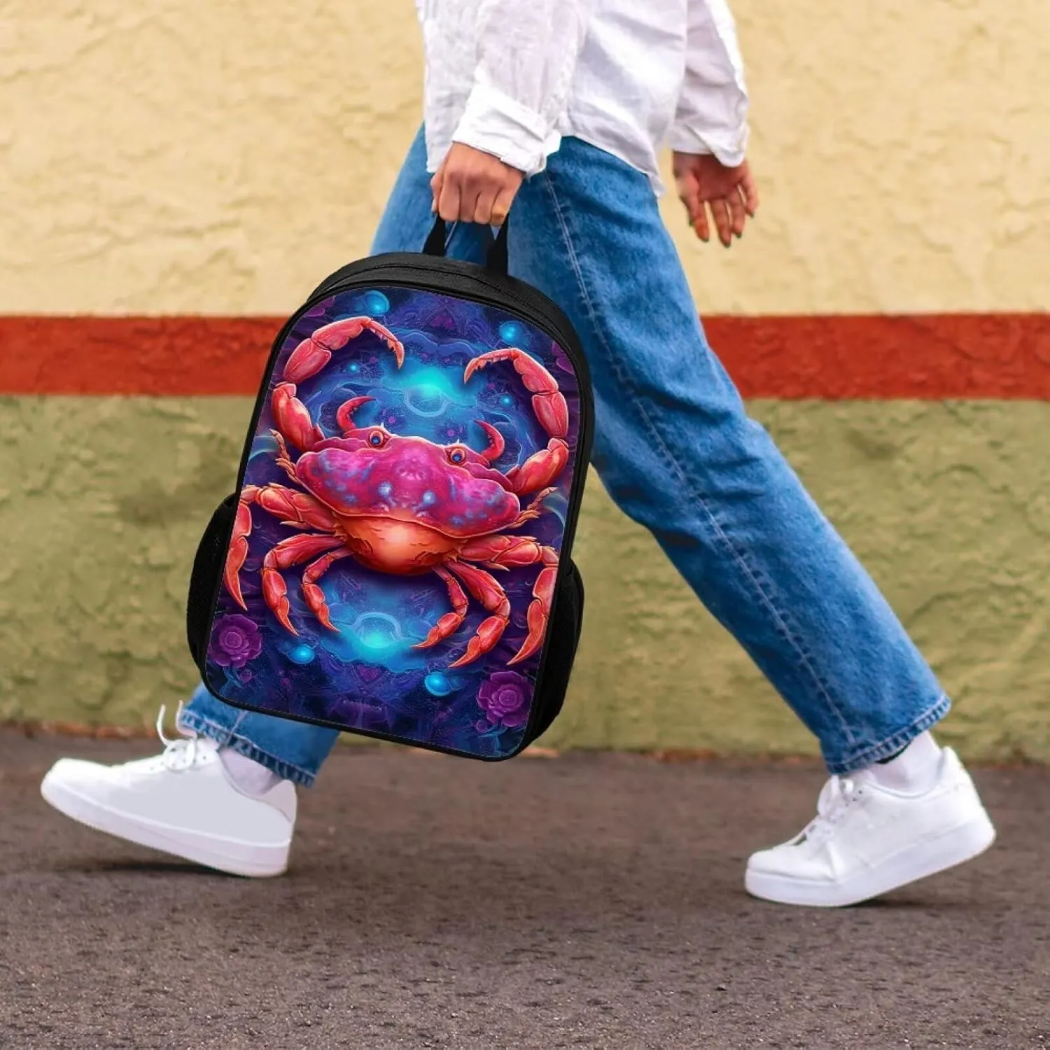Dreamy Crab Backpack for Boys Girls Novelty Cute Graphic Animal Print School Backpack 17 Inch Student Lightweight Comfy Black Kids Bookbag with Side Mesh Pocket