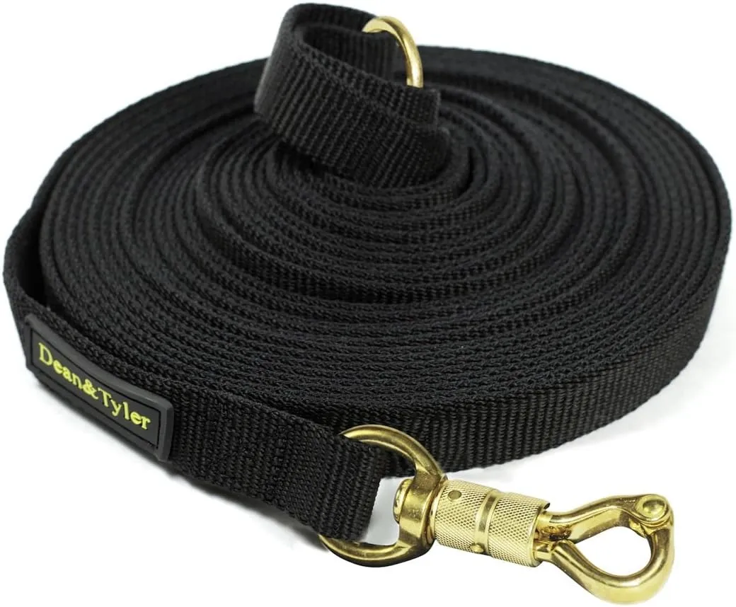 DT Tracking Nylon (2) leash by Dean & Tyler, with Double-Ply black nylon, a Ring on Handle, and a Smart Lock clasp, 120 feet long by 3/4 inch wide