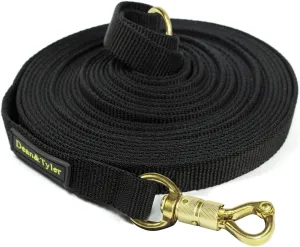 DT Tracking Nylon (2) leash by Dean & Tyler, with Double-Ply black nylon, a Ring on Handle, and a Smart Lock clasp, 70 feet long by 3/4 inch wide