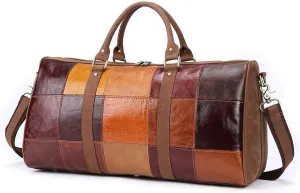 Duffle Bag for Men Genuine Leather Travel Duffel Bag Overnight Weekender Bag for Traveling Colorful Plaids Brown