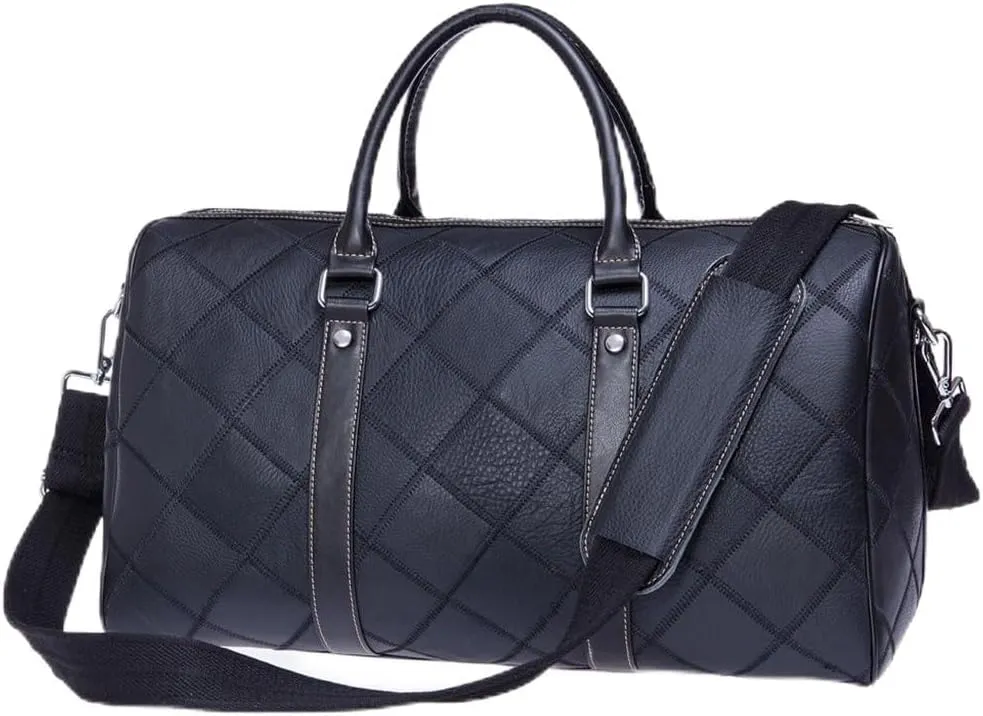 Duffle Bag for Men Genuine Leather Travel Duffel Bag Overnight Weekender Bag for Traveling Plaid Black