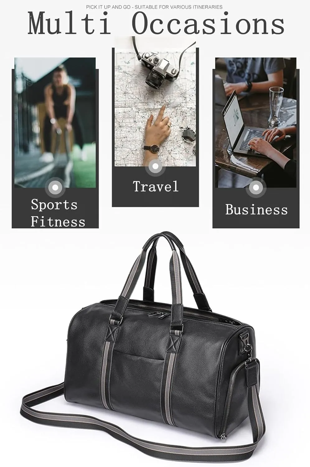 Duffle Bag for Men Genuine Leather Travel Duffel Bag Overnight Weekender Bag for Traveling Plaid Black