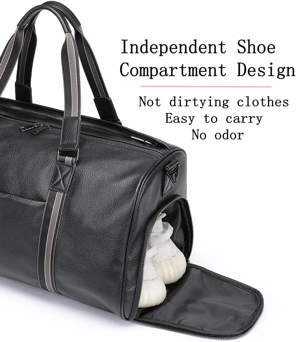 Duffle Bag for Men Genuine Leather Travel Duffel Bag Overnight Weekender Bag for Traveling Plaid Black