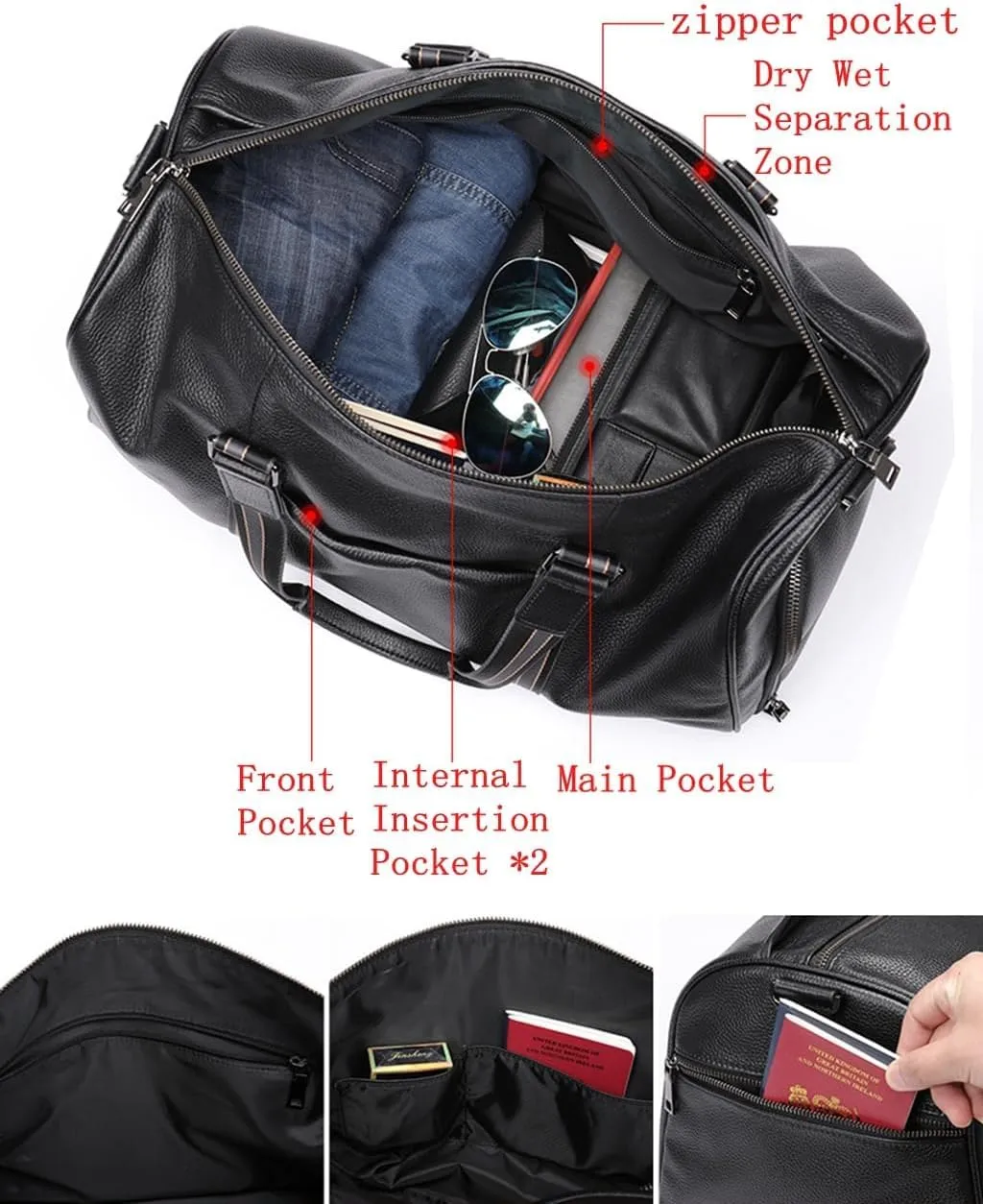 Duffle Bag for Men Genuine Leather Travel Duffel Bag Overnight Weekender Bag for Traveling Plaid Black