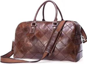 Duffle Bag for Men Genuine Leather Travel Duffel Bag Overnight Weekender Bag for Traveling Plaid Brown
