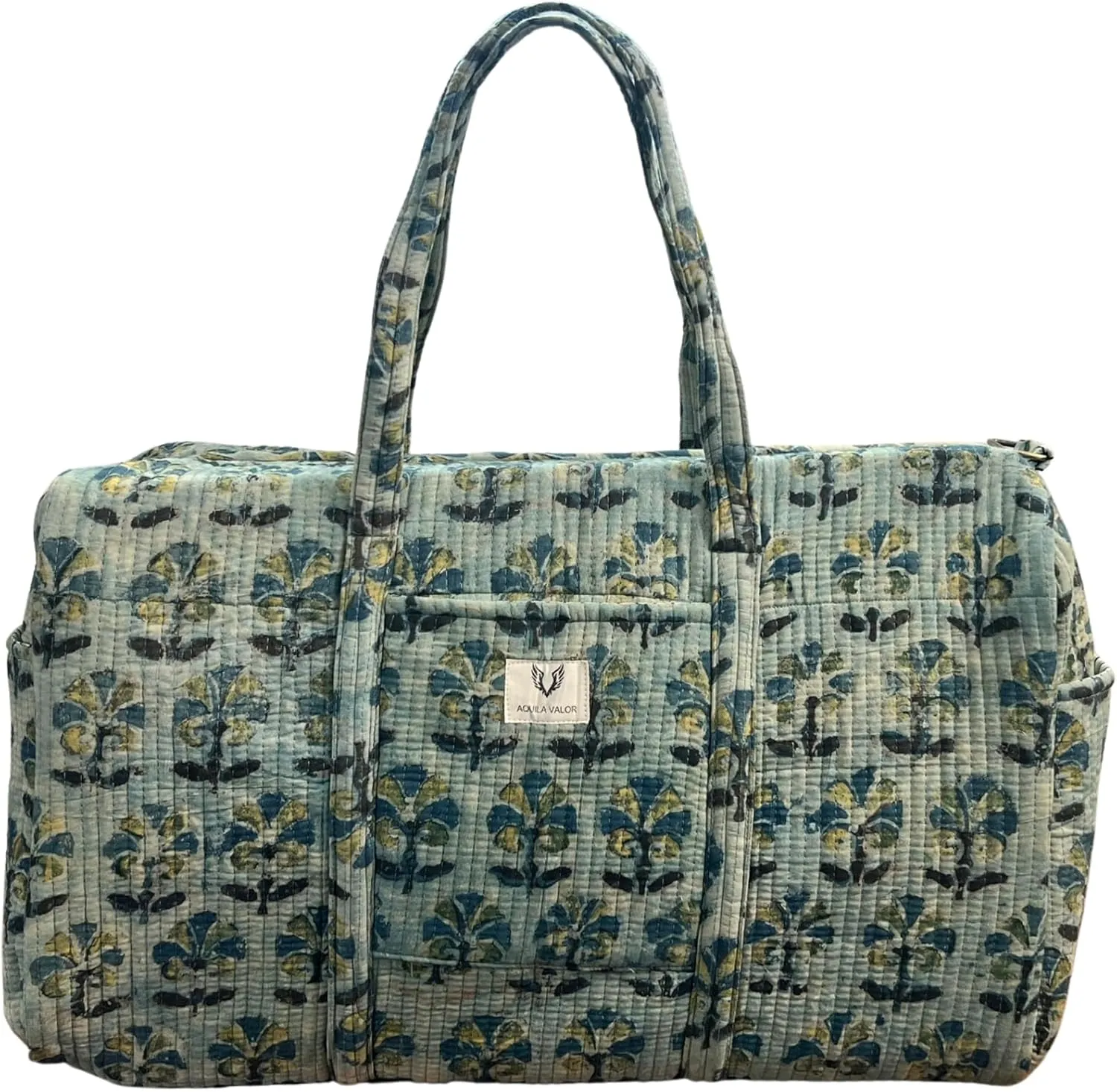 Duffle Bag- Handblock printed Quilted Cotton Travel Weekender Pregnancy Hospital Bag (Meadow Haze)