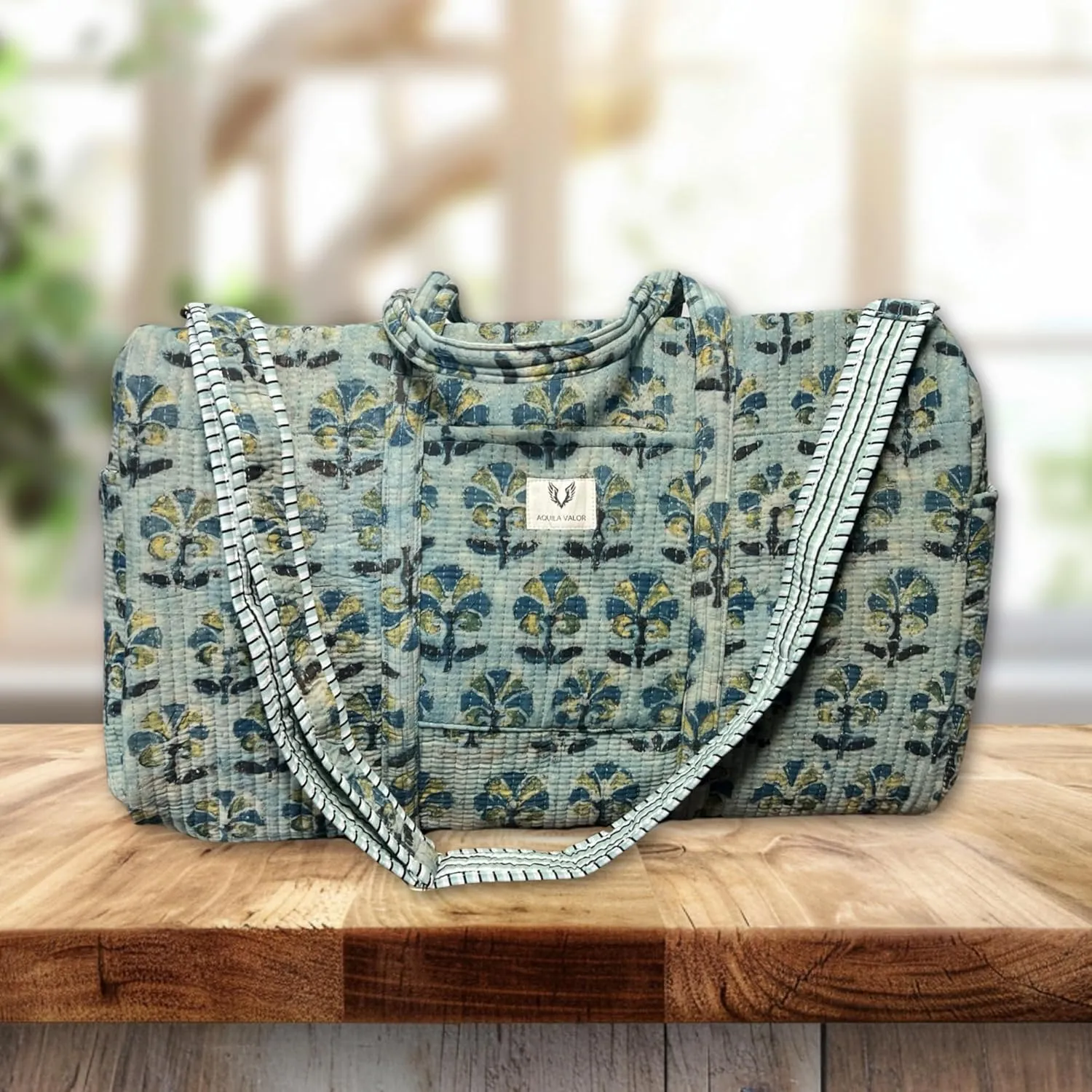 Duffle Bag- Handblock printed Quilted Cotton Travel Weekender Pregnancy Hospital Bag (Meadow Haze)