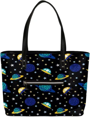 Earth And Spacecraft Tote Bag Women Shoulder Handbags PU Leather Everyday Bag with External Pocket Large Capacity Aesthetic Corduroy Tote Bag for Travel Work Party