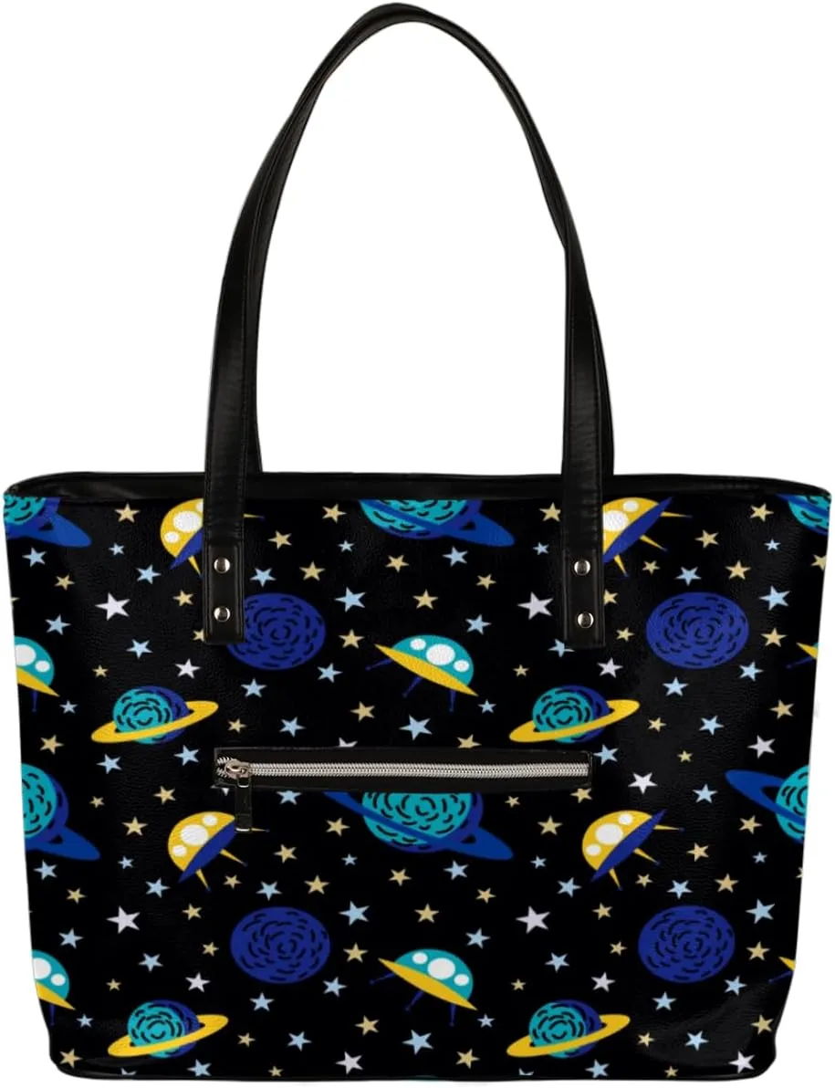 Earth And Spacecraft Tote Bag Women Shoulder Handbags PU Leather Everyday Bag with External Pocket Large Capacity Aesthetic Corduroy Tote Bag for Travel Work Party