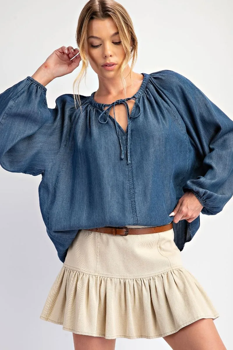 Easel Washed Chambray Flare Woven Tunic