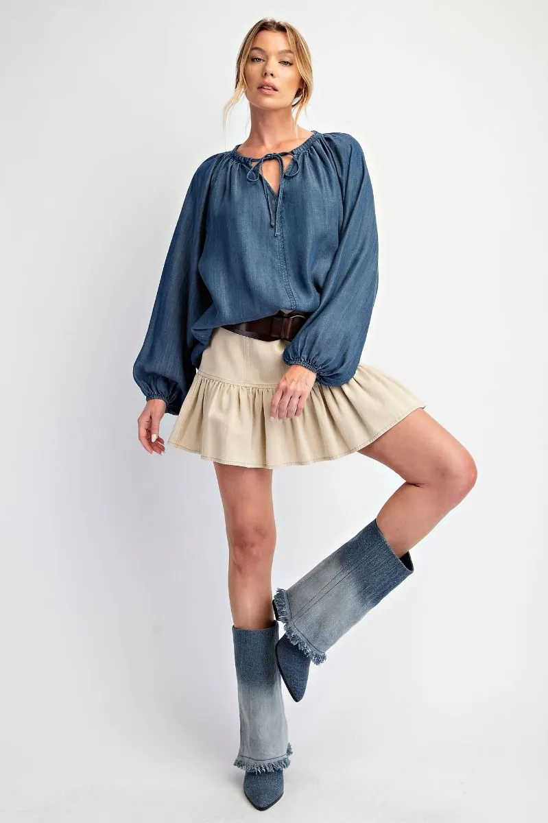 Easel Washed Chambray Flare Woven Tunic