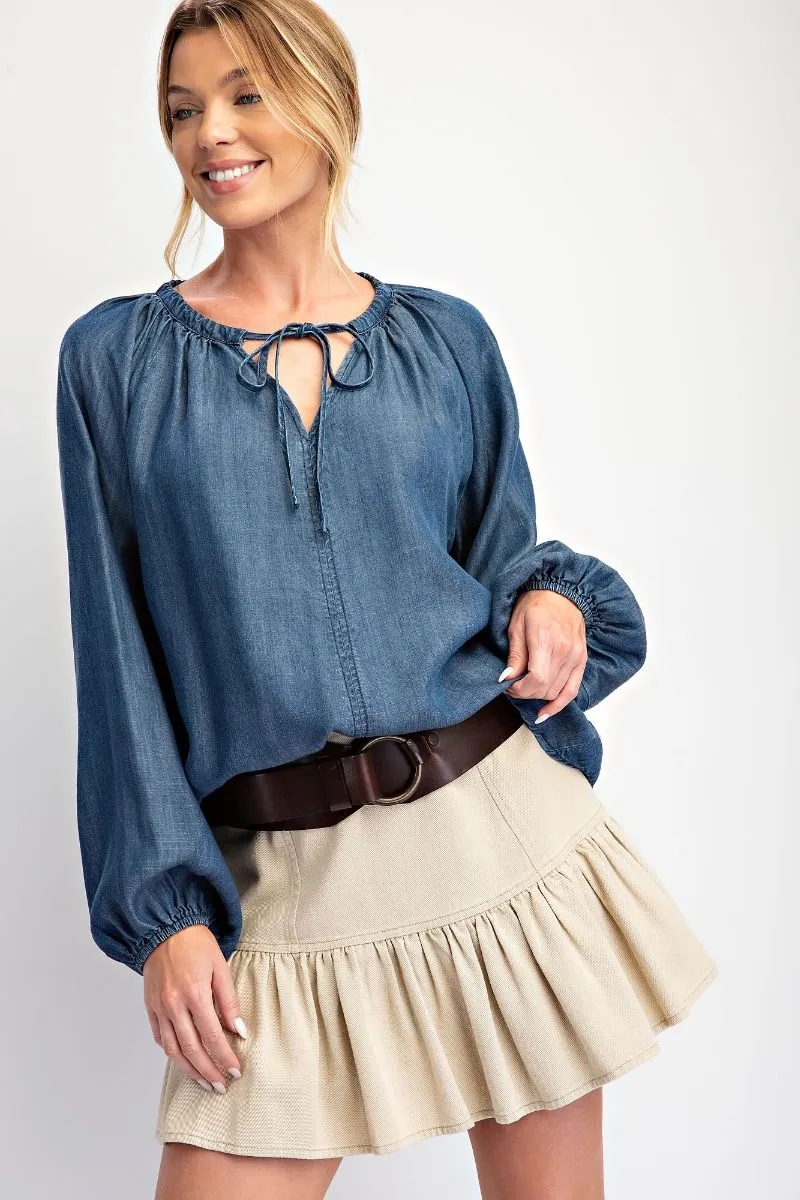 Easel Washed Chambray Flare Woven Tunic