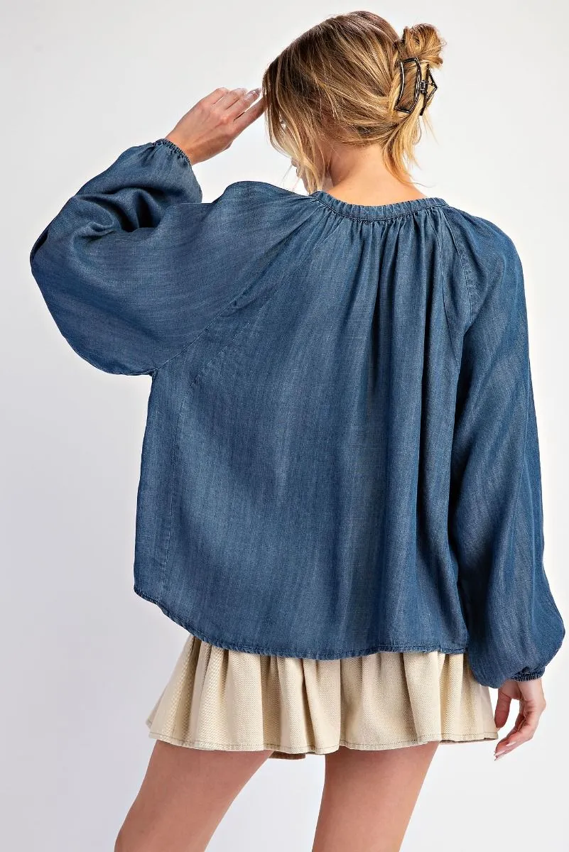Easel Washed Chambray Flare Woven Tunic