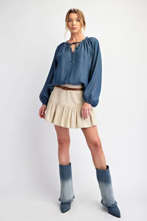 Easel Washed Chambray Flare Woven Tunic