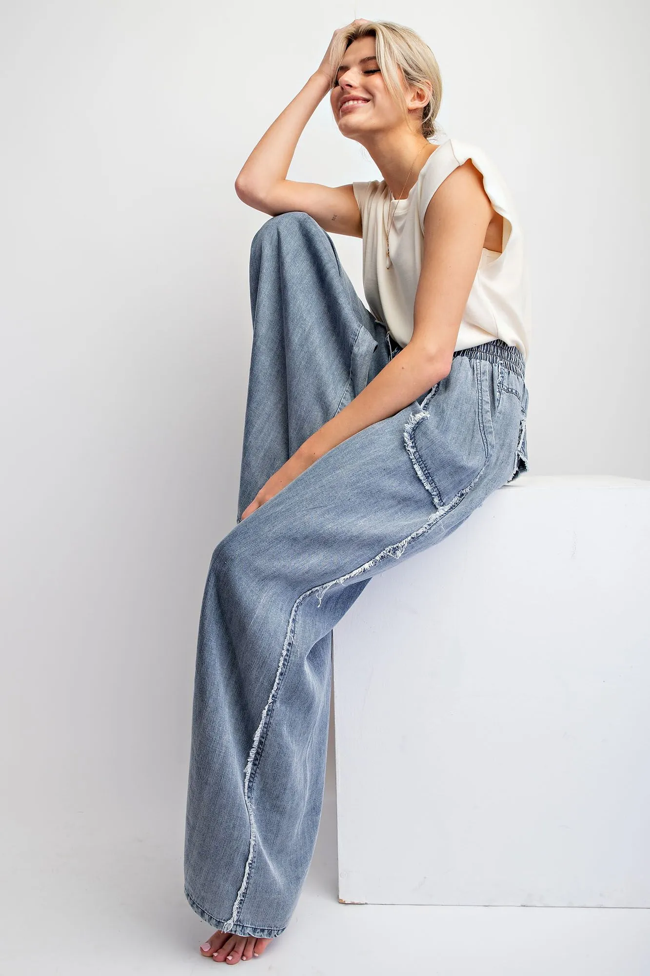 Easel Washed Chambray Palazzo Pants