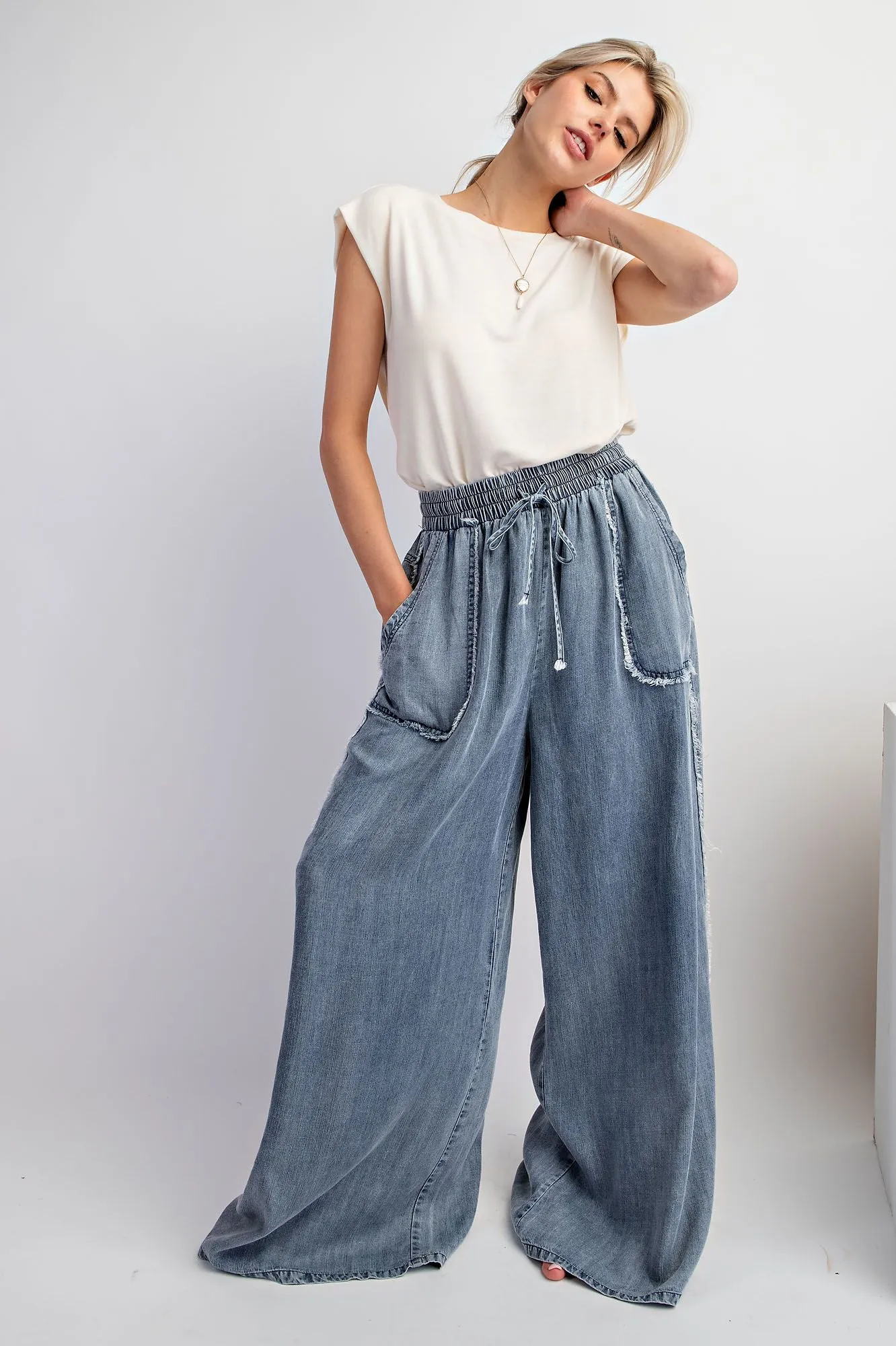 Easel Washed Chambray Palazzo Pants