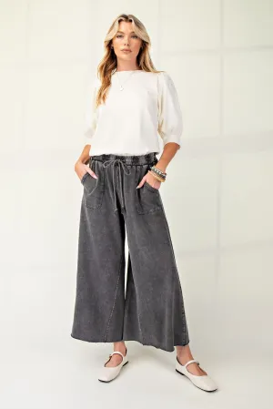 EASEL WASHED TERRY KNIT WIDE LEG PANTS-BLACK