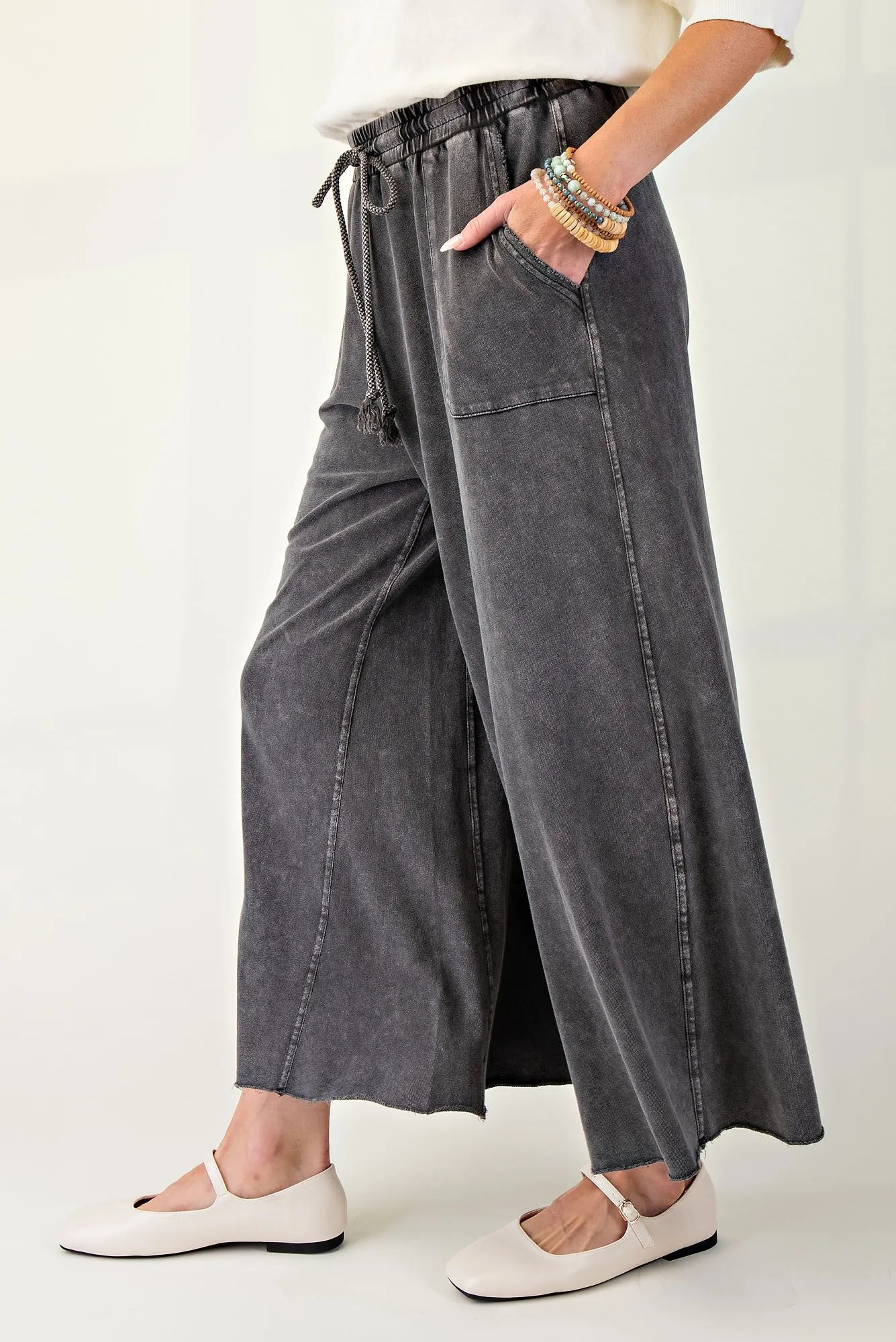 EASEL WASHED TERRY KNIT WIDE LEG PANTS-BLACK