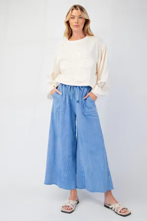 EASEL WASHED TERRY KNIT WIDE LEG PANTS-CORNFLOWER BLUE