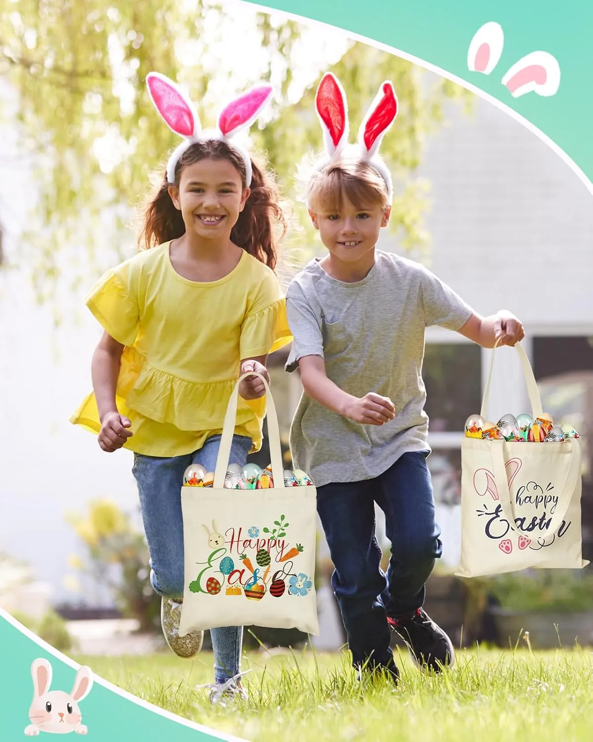 Easter Canvas Tote Bags for Kids - 2 Pack Bunny Treat Easter Canvas Bags with Handles, Perfect for Egg Hunts