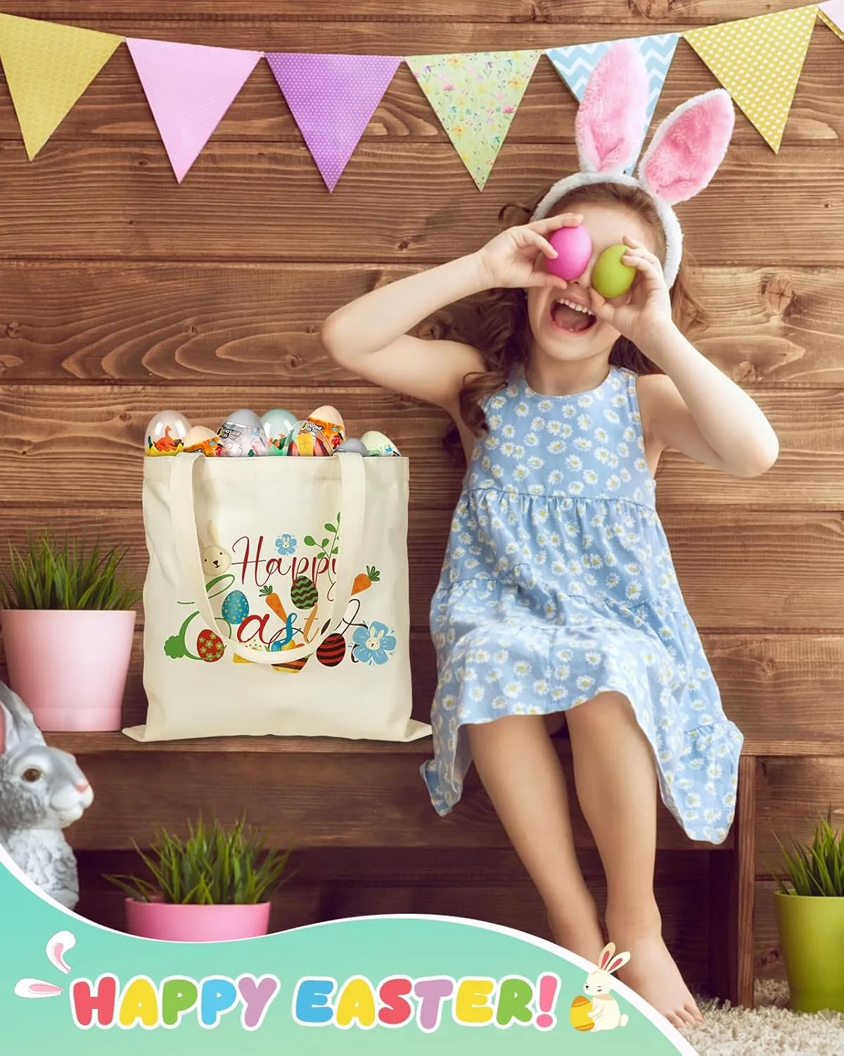 Easter Canvas Tote Bags for Kids - 2 Pack Bunny Treat Easter Canvas Bags with Handles, Perfect for Egg Hunts