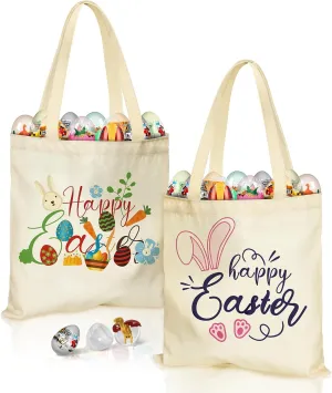 Easter Canvas Tote Bags for Kids - 2 Pack Bunny Treat Easter Canvas Bags with Handles, Perfect for Egg Hunts