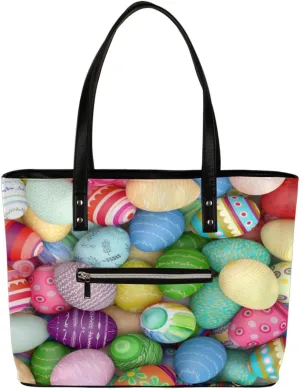 Easter Egg Tote Bag Women Shoulder Handbags PU Leather Everyday Bag with External Pocket Large Capacity Aesthetic Corduroy Tote Bag for Travel Work Party