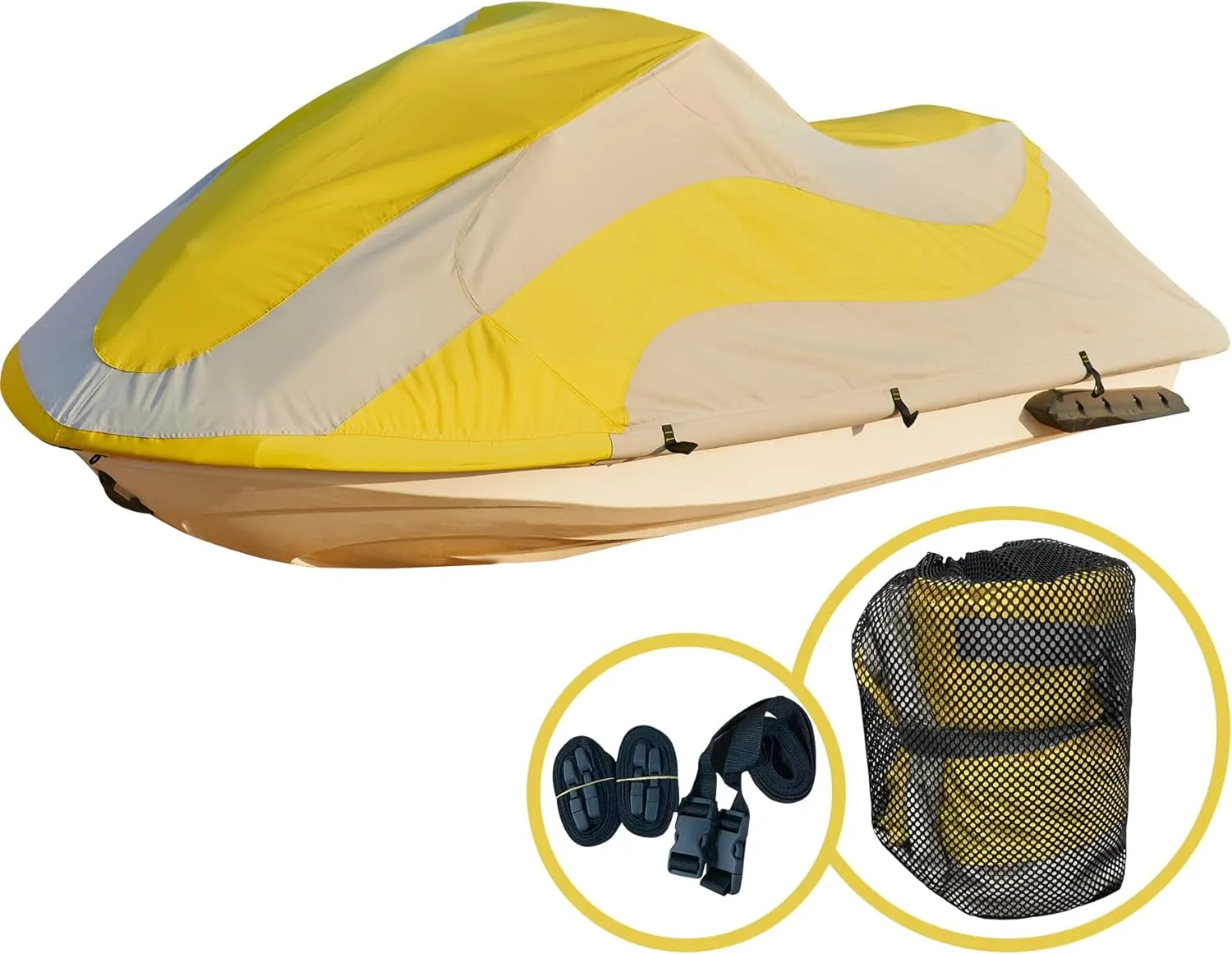 ELEXTYLE Jet Ski Cover 3 Seater,Seadoo Cover Waterproof,Heavy Duty Personal Watercraft Cover,UV-Resistant PWC Cover Includes Trailer Straps and Storage Bag,136"-145" L,Yellow/Grey