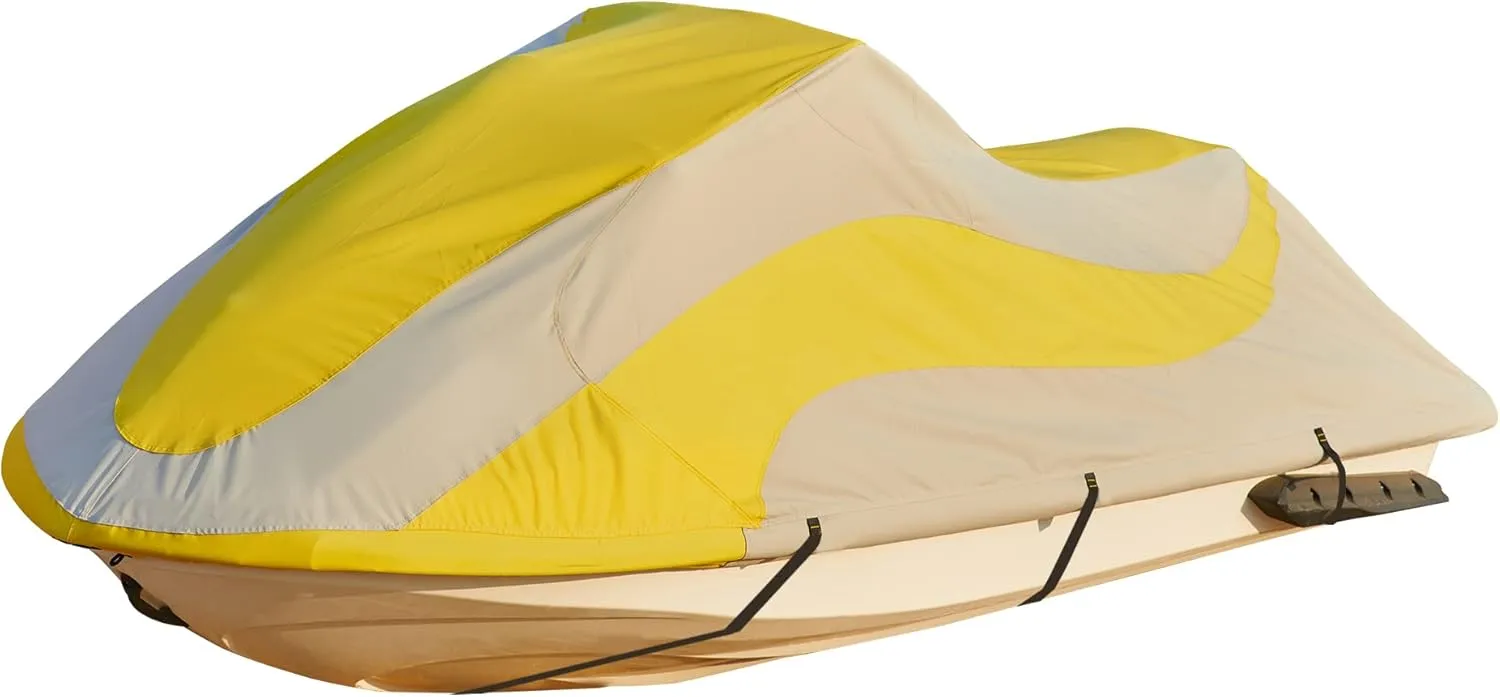 ELEXTYLE Jet Ski Cover 3 Seater,Seadoo Cover Waterproof,Heavy Duty Personal Watercraft Cover,UV-Resistant PWC Cover Includes Trailer Straps and Storage Bag,136"-145" L,Yellow/Grey