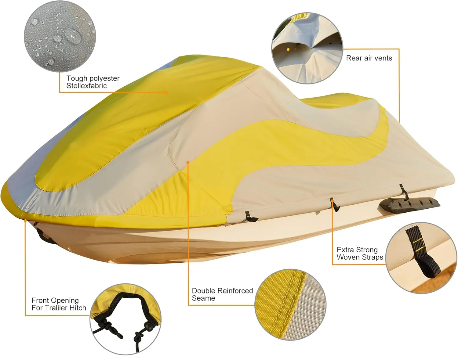 ELEXTYLE Jet Ski Cover 3 Seater,Seadoo Cover Waterproof,Heavy Duty Personal Watercraft Cover,UV-Resistant PWC Cover Includes Trailer Straps and Storage Bag,136"-145" L,Yellow/Grey