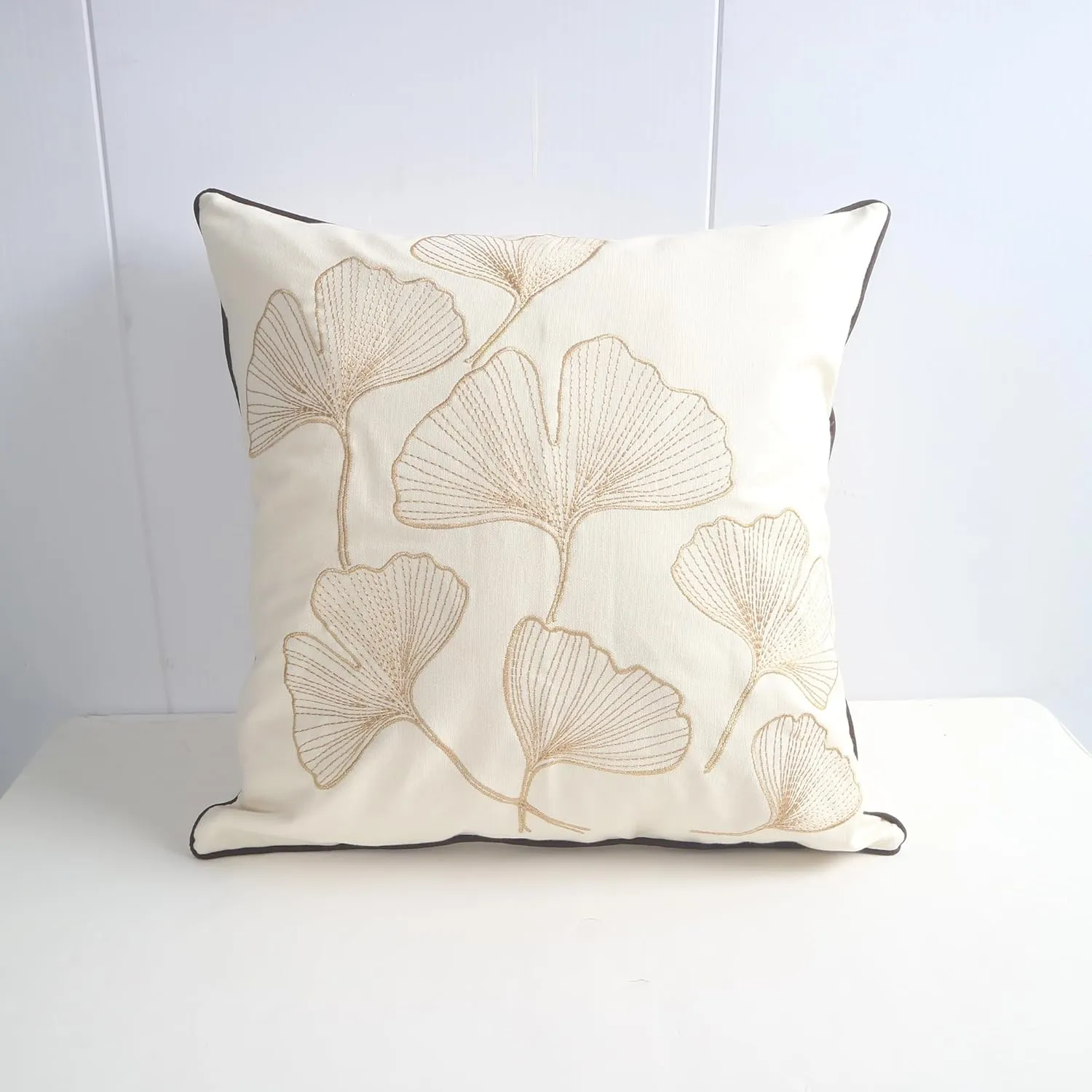 Embroidery Throw Pillow Covers 18x18 Fine Thread Golden Ginkgo Leaves Home Decor Floor Pillow Cover for Couch 100% Cotton Cushion Cover Embroidered Throw Pillow Case 45x45cm, 2 Pieces