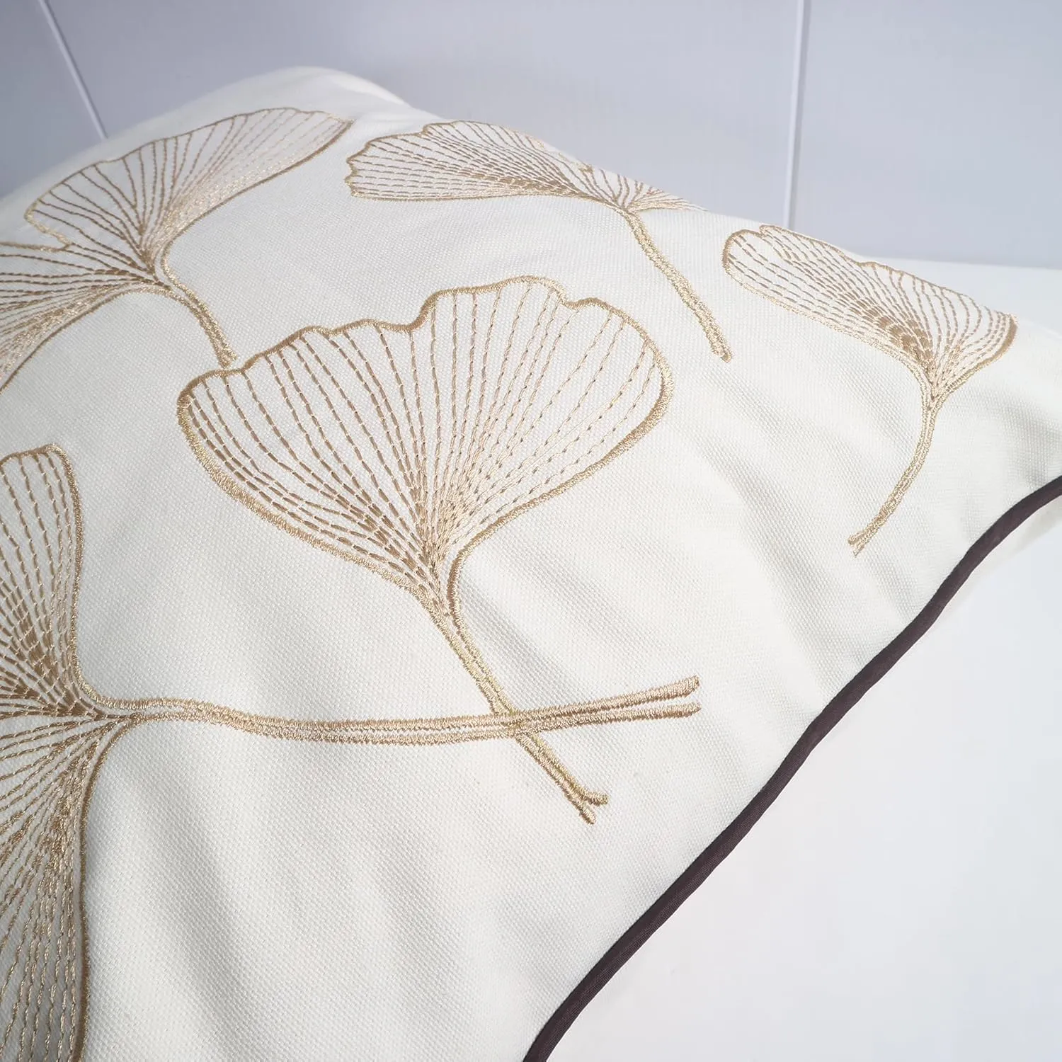 Embroidery Throw Pillow Covers 18x18 Fine Thread Golden Ginkgo Leaves Home Decor Floor Pillow Cover for Couch 100% Cotton Cushion Cover Embroidered Throw Pillow Case 45x45cm, 2 Pieces