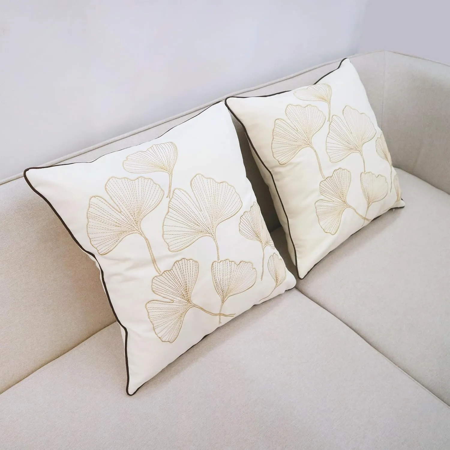 Embroidery Throw Pillow Covers 18x18 Fine Thread Golden Ginkgo Leaves Home Decor Floor Pillow Cover for Couch 100% Cotton Cushion Cover Embroidered Throw Pillow Case 45x45cm, 2 Pieces