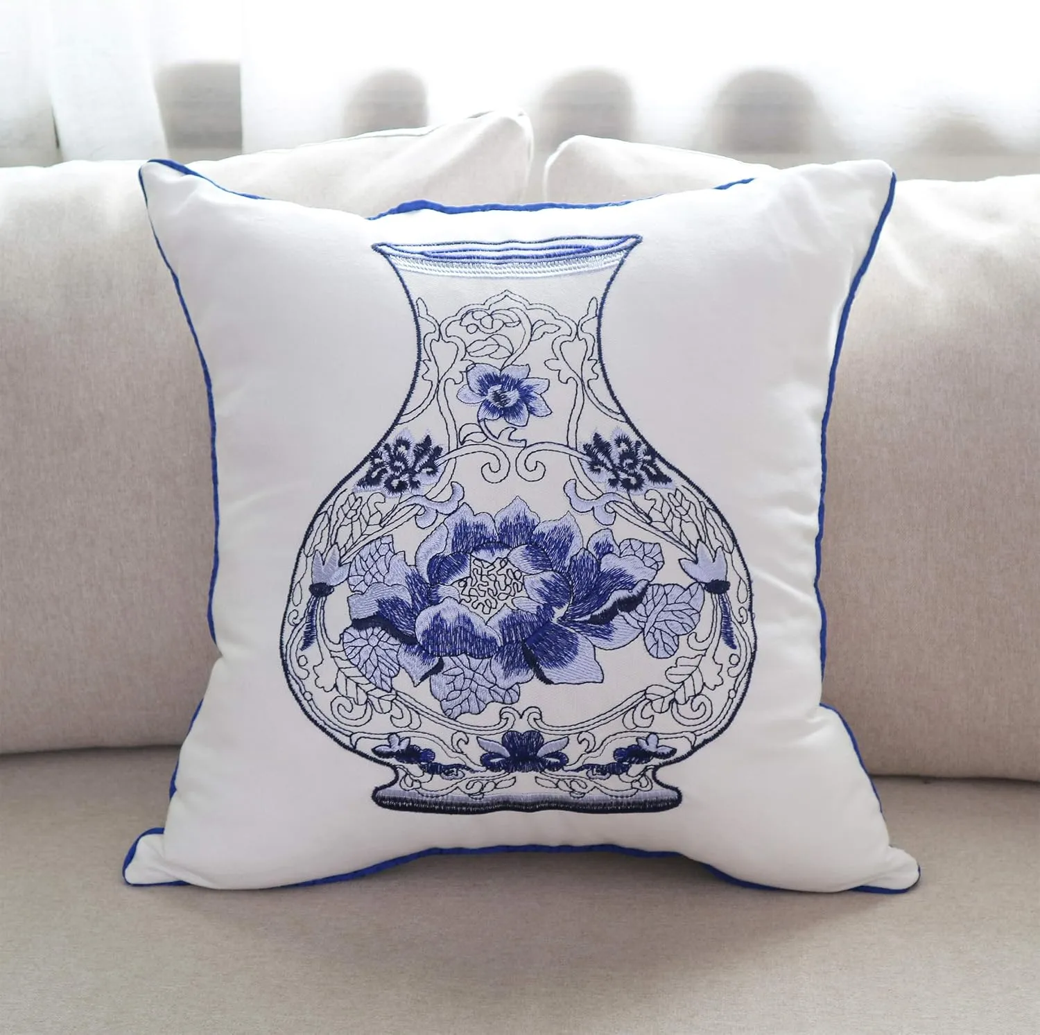 Embroidery Throw Pillow Covers 18x18 Home Décor Floor Pillows Cover for Couch 100% Cotton Cushion Cover 45x45cm Decorative Pillowcase, Chinese Blue and White Porcelain Bottles, 4 Pieces