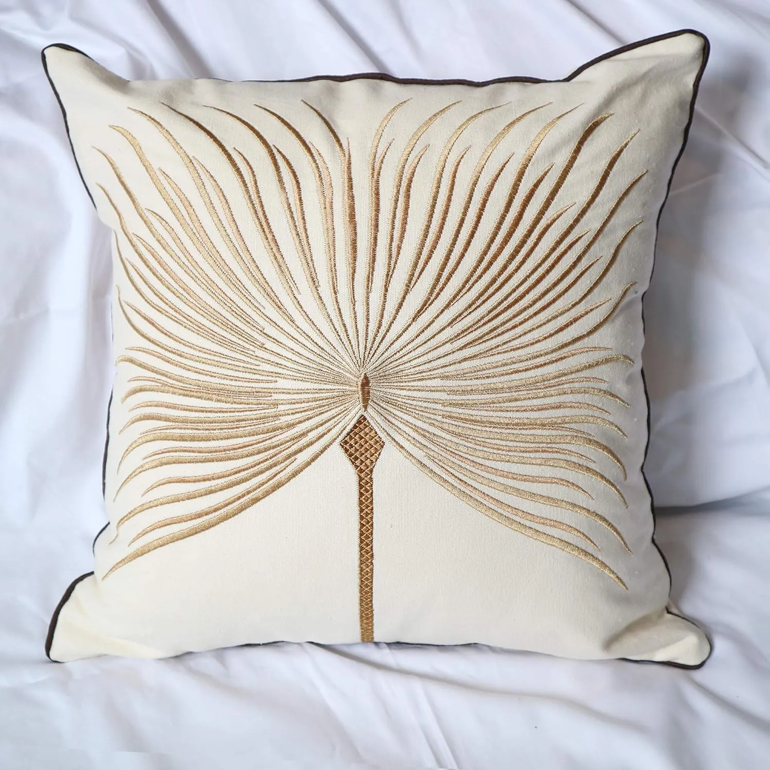 Embroidery Throw Pillow Covers 18x18 Home Decor Fine Thread Dandelion Flower Pillow Cover for Couch Bedroom Chair 100% Cotton Canvas Floral Cushion Cover 45x45cm, Beige Pack of 2