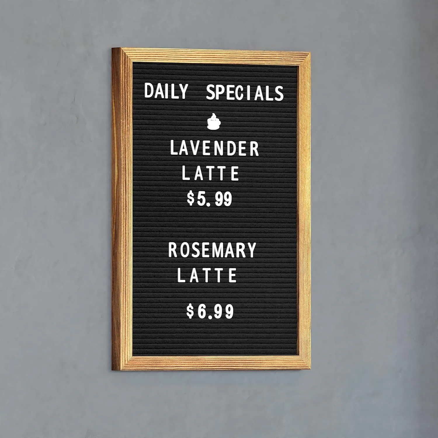 EMMA   OLIVER Bette Letter Board - 12"x17" - Torched Wood Frame - Black Felt - 389 Letter, Number & Symbols Set - Canvas Carry Bag - Sawtooth Hanger - Easel Stand