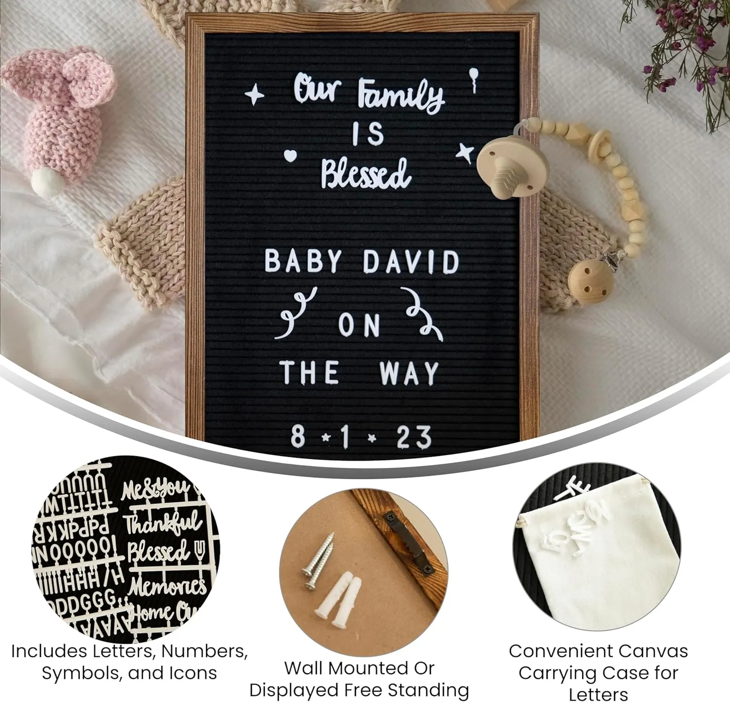 EMMA   OLIVER Bette Letter Board - 12"x17" - Torched Wood Frame - Black Felt - 389 Letter, Number & Symbols Set - Canvas Carry Bag - Sawtooth Hanger - Easel Stand