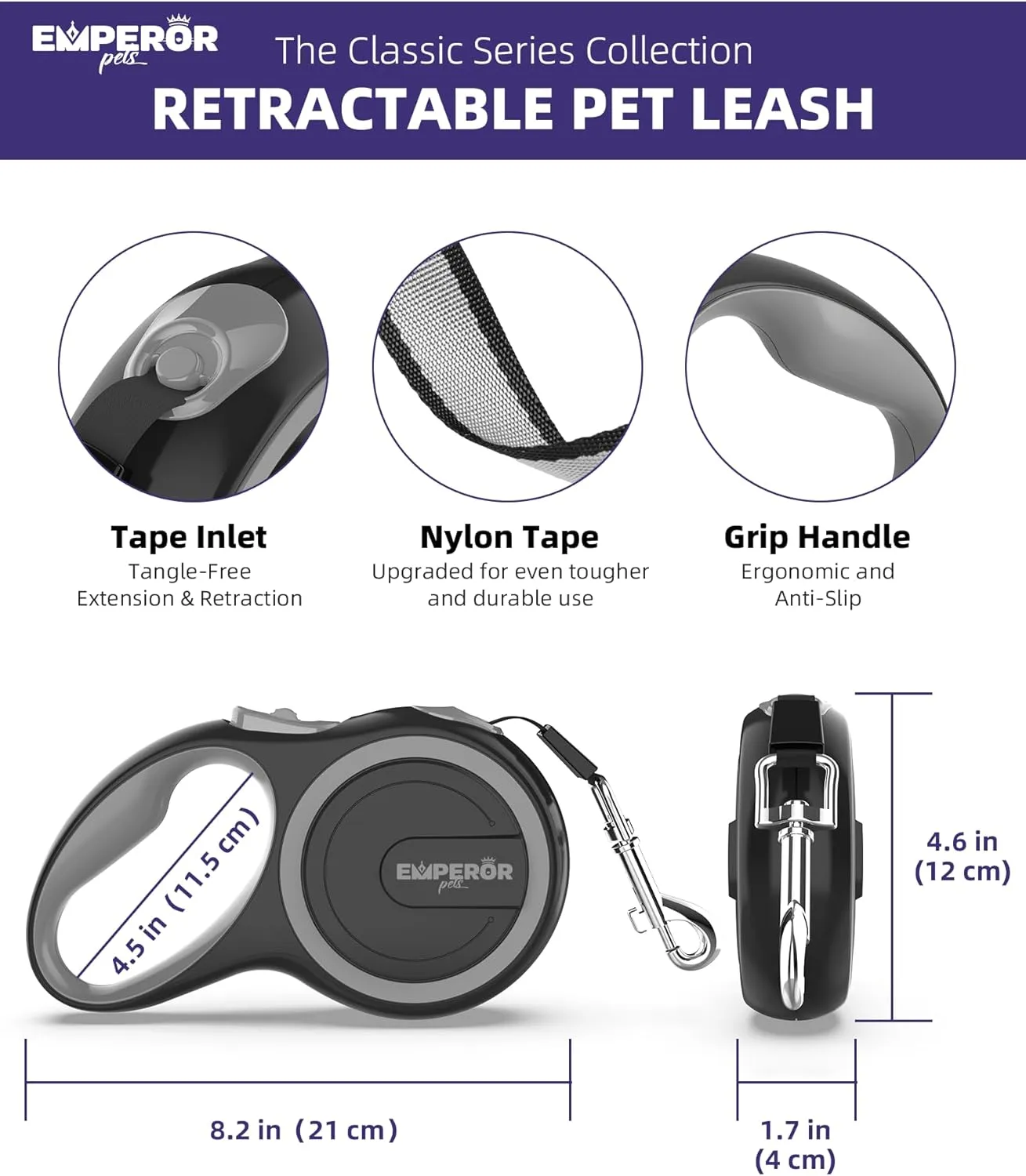 Emperor Pets 26 ft Retractable Dog Leash - Heavy Duty Retractable Pet Leash with Anti-Slip Grip - Reflective Dog Leash Tape for Medium to Large Dogs up to 100 lbs -GY26