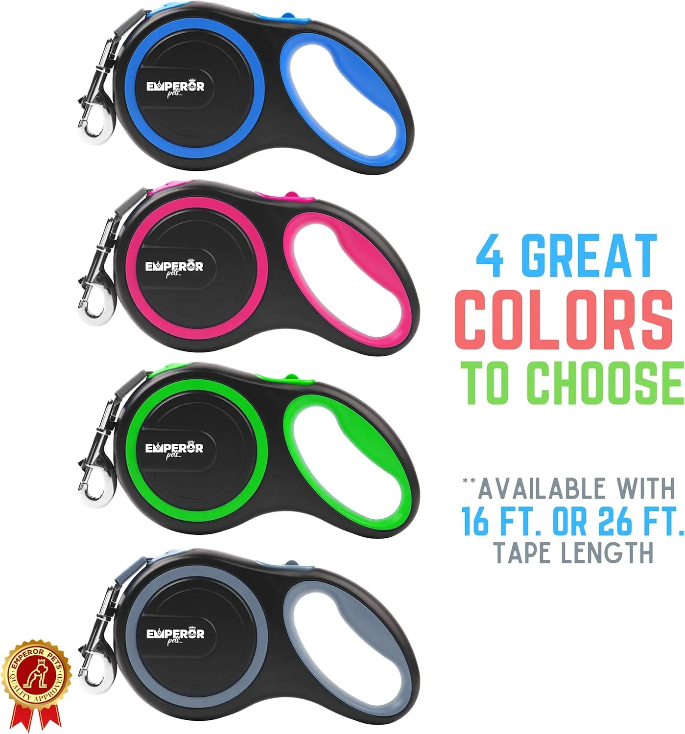 Emperor Pets 26 ft Retractable Dog Leash - Heavy Duty Retractable Pet Leash with Anti-Slip Grip - Reflective Dog Leash Tape for Medium to Large Dogs up to 100 lbs -GY26