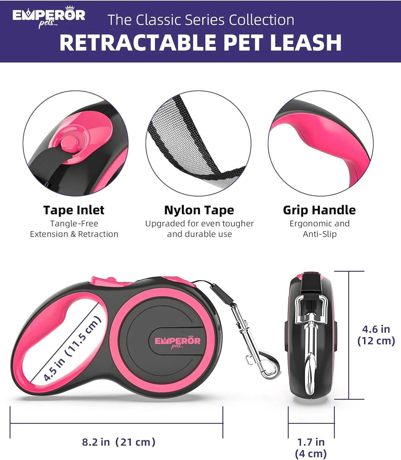 Emperor Pets 26 ft Retractable Dog Leash - Heavy Duty Retractable Pet Leash with Anti-Slip Grip - Reflective Dog Leash Tape for Medium to Large Dogs up to 100 lbs -PK26