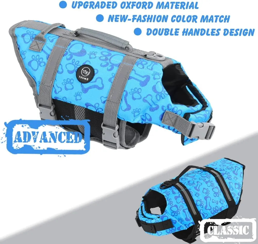 EMUST Dog Life Vests, Adjustable Dog Life Jacket with Rescue Handle, Dogs Flotation Vest for Small/Medium/Large Dogs, XS, NewBlue