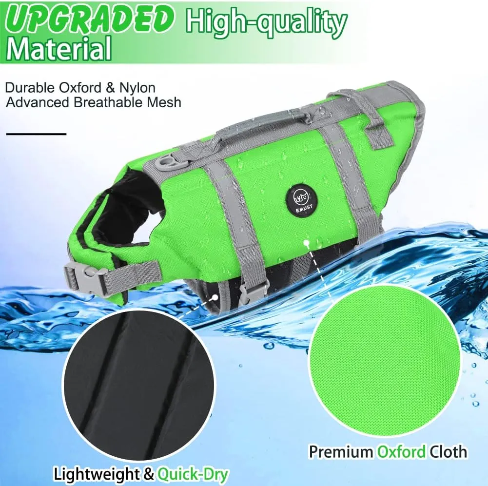 EMUST Dog Life Vests, Adjustable Dog Life Jacket with Rescue Handle, Dogs Flotation Vest for Small/Medium/Large Dogs, XS, NewGreen