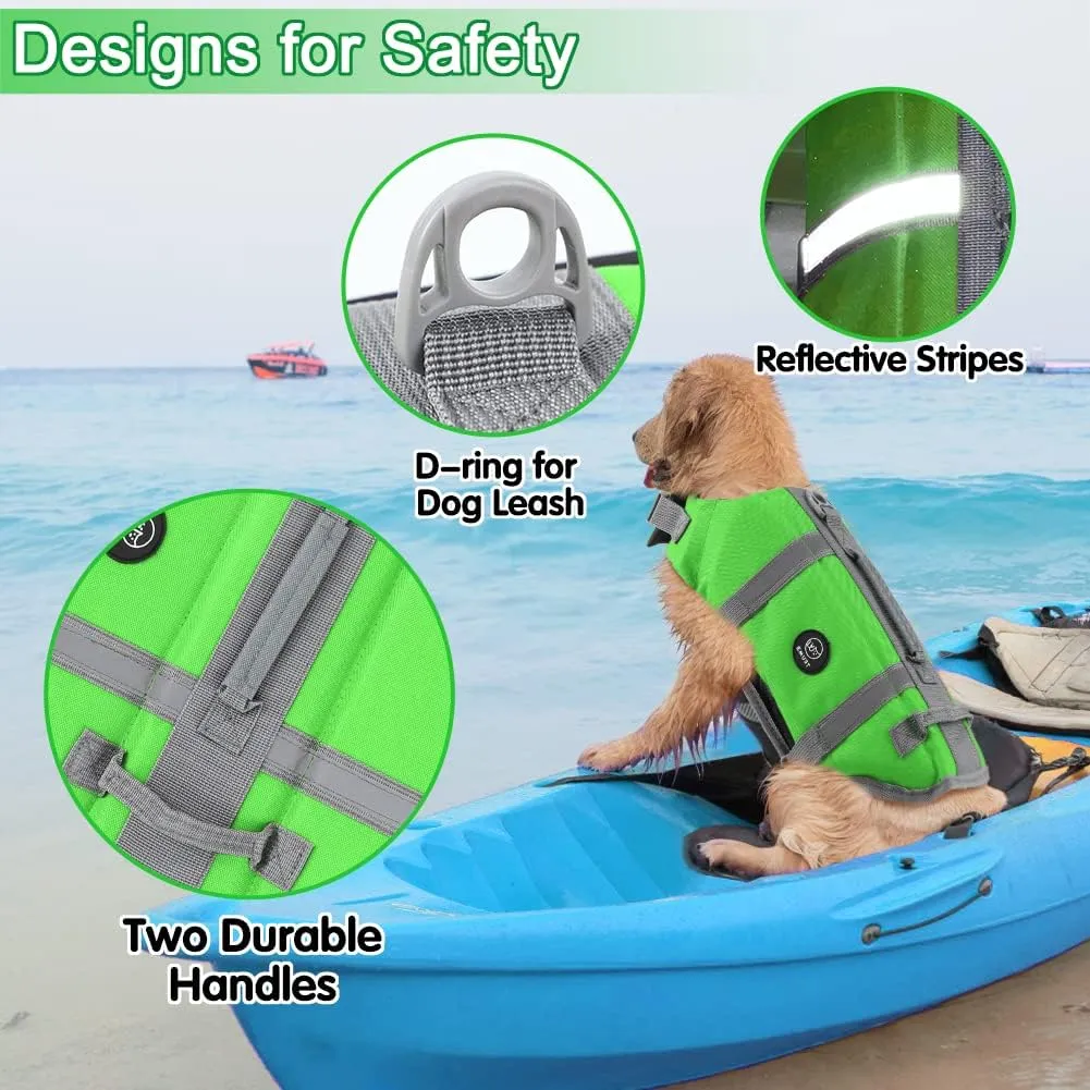 EMUST Dog Life Vests, Adjustable Dog Life Jacket with Rescue Handle, Dogs Flotation Vest for Small/Medium/Large Dogs, XS, NewGreen
