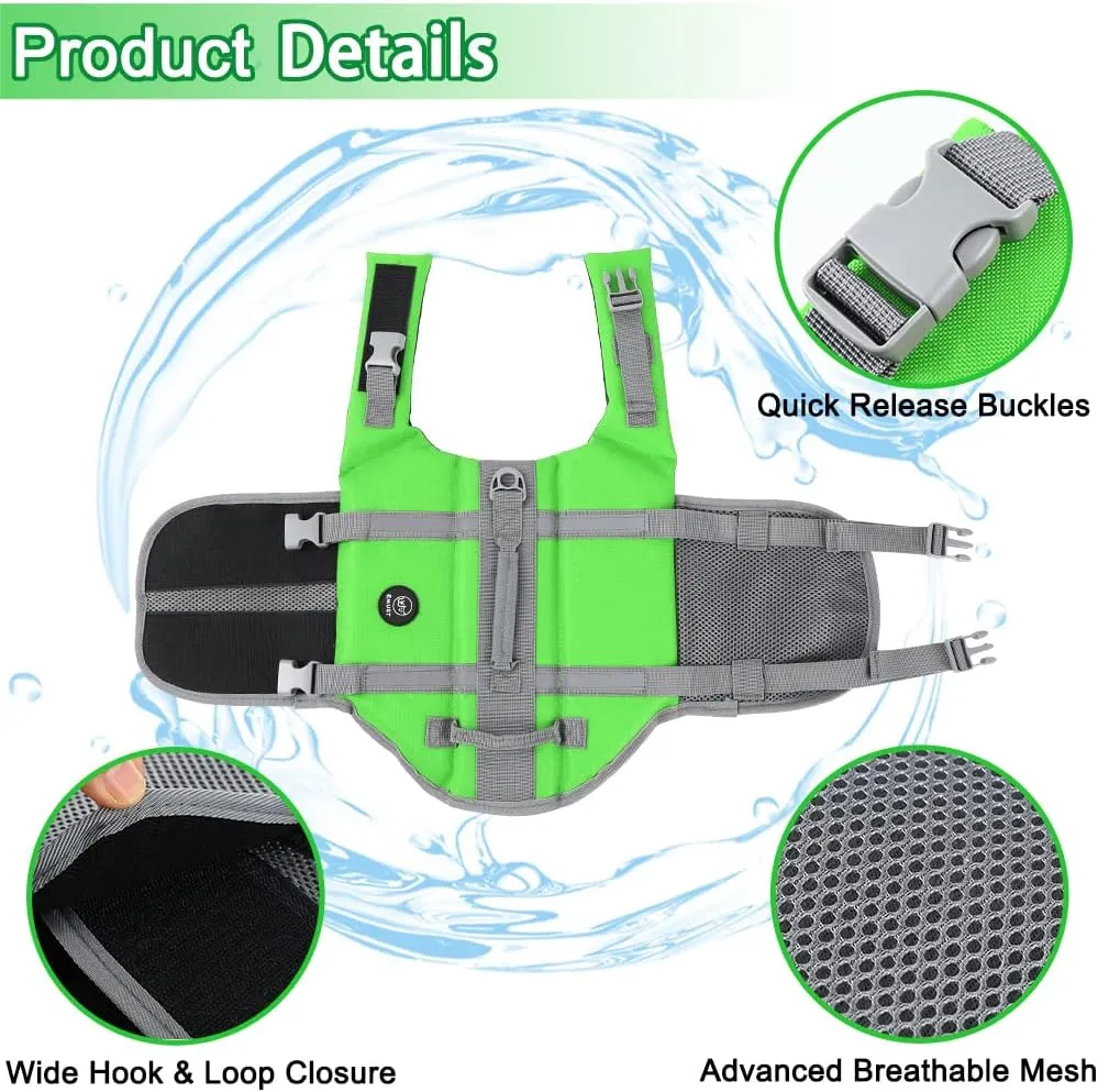 EMUST Dog Life Vests, Adjustable Dog Life Jacket with Rescue Handle, Dogs Flotation Vest for Small/Medium/Large Dogs, XS, NewGreen